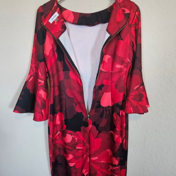 Calvin Klein Red Floral Bell Sleeve Sheath Dress Women's Size 6 Work Office Date - Picture 4 of 12